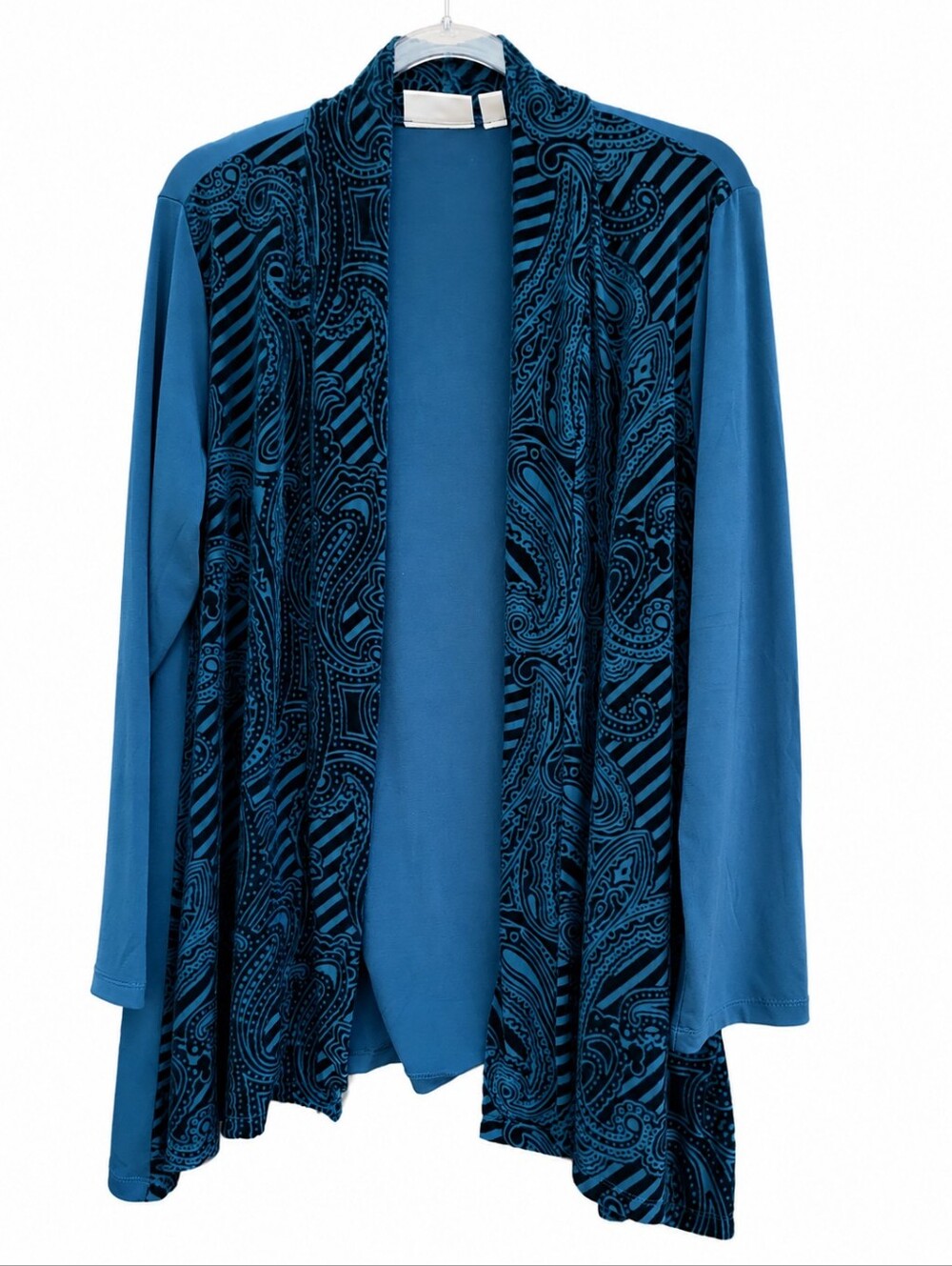 Susan Graver Teal Blue Black Velvet Texture Jacket Cardigan sz Med. Open Front